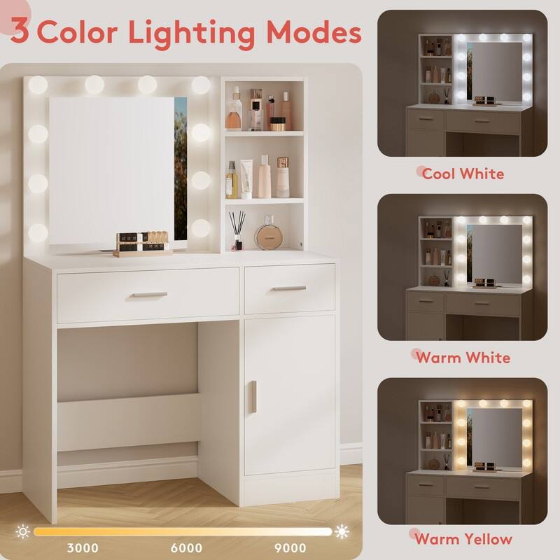 Lighted Bathroom Vanity with Mirror, MDF Cabinet, Smooth Drawers, Space-Saving Design