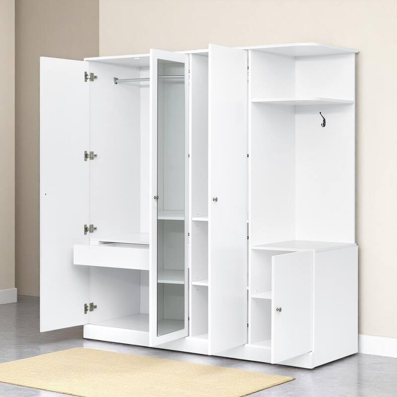 Modern Particle Board Wardrobe with Mirror, 2 Hanging Rails, 1 Drawer, Shelves and Safety Lock, 65.9" Tall