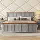 preview thumbnail 1 of 8, Queen Size Wood Platform Bed Wooden Slat Support, Vintage Simple Bed Frame with Rectangular Headboard and Footboard, White Grey
