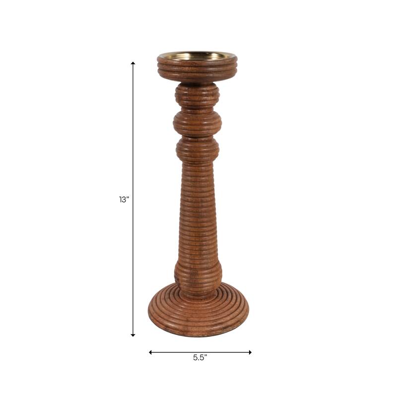 Candle Holder - Brown Mango Wood Ribbed Pillar