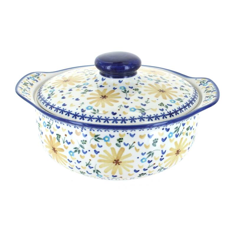 Blue Rose Polish Pottery 41C WR Unikat Round Covered Baker - Yellow Daisy