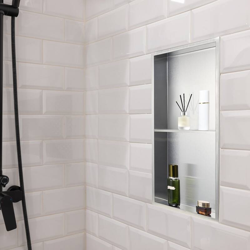 Silver Stainless Steel Double-Layer Shower Niche with Waterproof Seamless Design - 4 x 13 x 25 inches