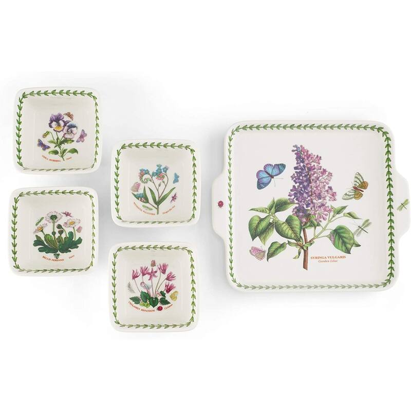 Portmeirion Botanic Garden 5 piece Accent Bowl Set - 8" Handle Plate & 3.75" Square Bowls