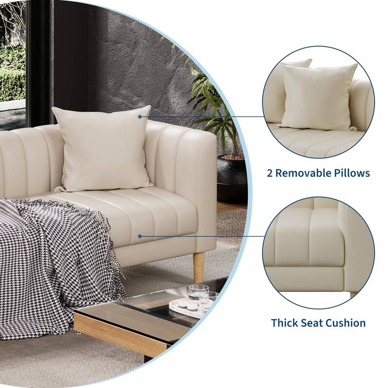 Faux Leather Sofa Couch, Modern 78" W Sofa with Deep Seats, 3 Seater Sofa Couch with 2 Throw Pillows and Wood Legs