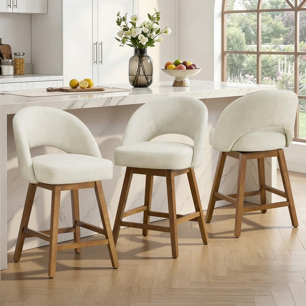 Upholstered Swivel Counter Height Bar Stools with Cutout Back and Solid Wood Frame - 38.2"H x 22.1"W x 23.6"D