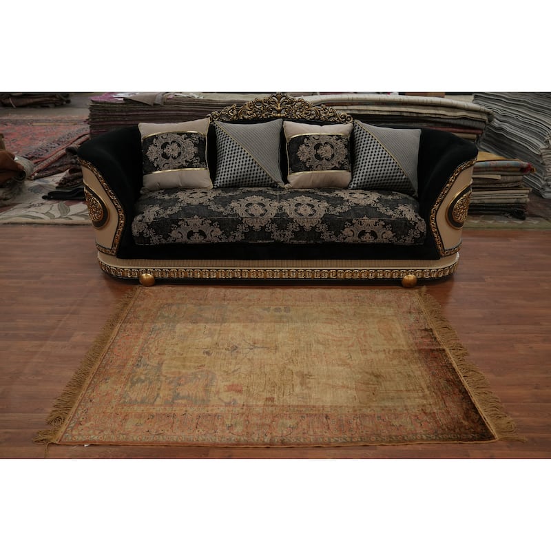 Hand Knotted Traditional Silk Yellow Animal Pictorial Area Rug - 5' 10'' X 4' 0''