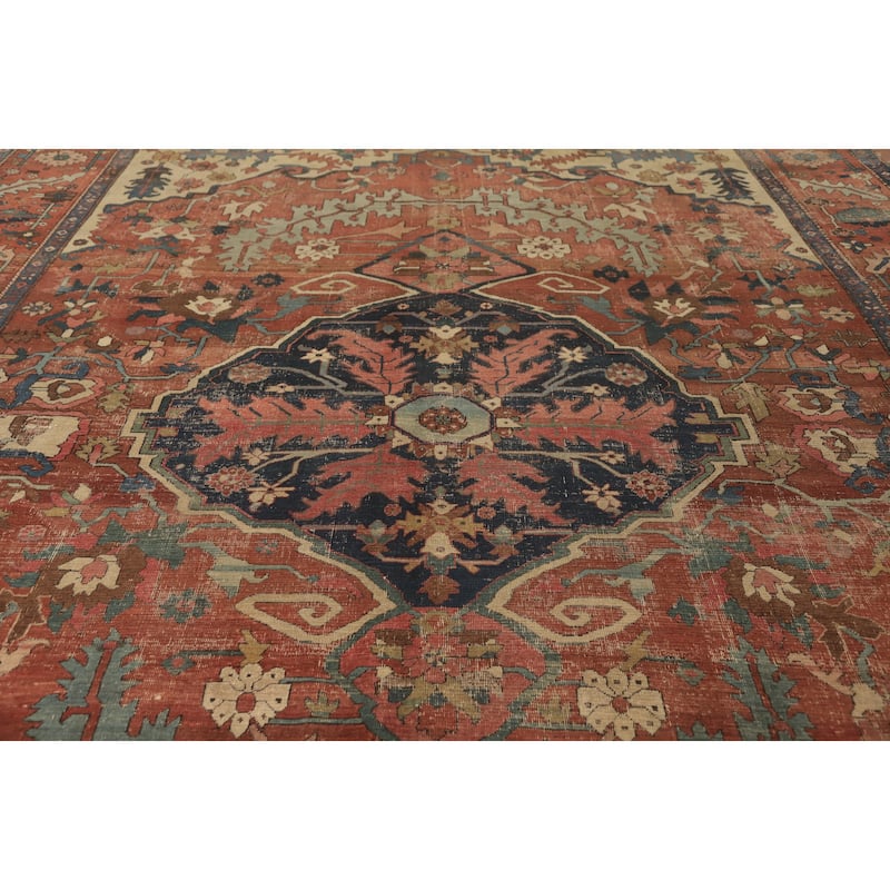 Hand Knotted Oriental 100% Wool Carpet Traditional Floral Oranges & Rust Heriz (serapi) Area Rug - 13' 7'' X 10' 8''