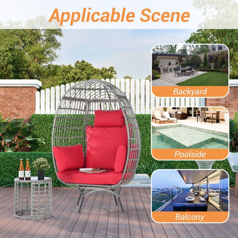 SANSTAR Patio Oversized Swivel Gray Wicker Egg Chair with Cushions On