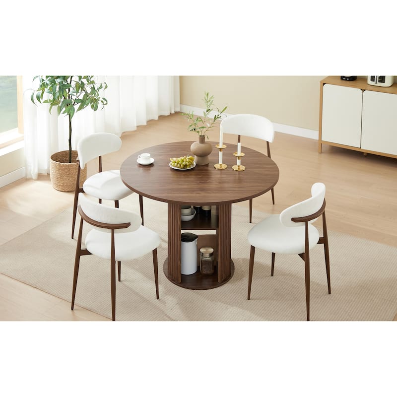 Anmytek Modern Farmhouse 3 Piece Round Dining Set Walnut Wood Table with Storage Shelf and 2 Chairs for 2 to 4 People