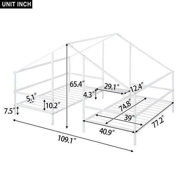 dimension image slide 0 of 2, Metal Double Twin Size Triangular House Beds with Built-in Table, Use as Platform Beds or Sofa Beds with Roof