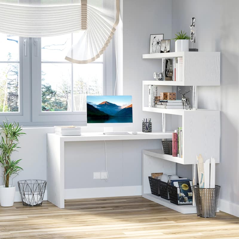 HOMCOM 94" L-Shaped Computer Desk: Rotating Writing Table, Corner Desk with Shelves, Stainless Steel Frame