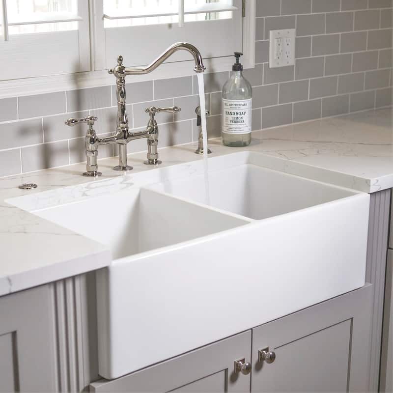 Austen Crisp White Fireclay 33" Double Bowl Farmhouse Apron Front Undermount Kitchen Sink and Drains