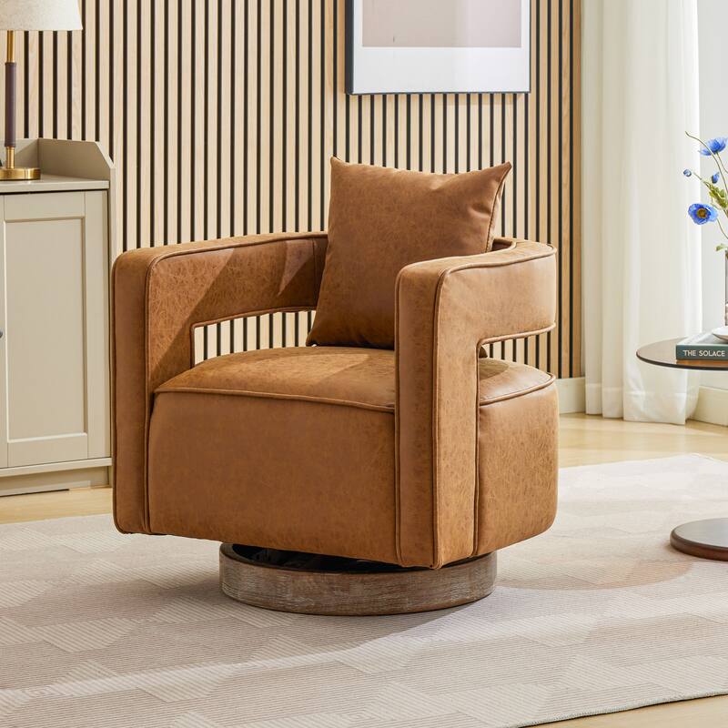 Modern Swivel Chair,PU leather Barrel Chair with Wooden Base and pillow