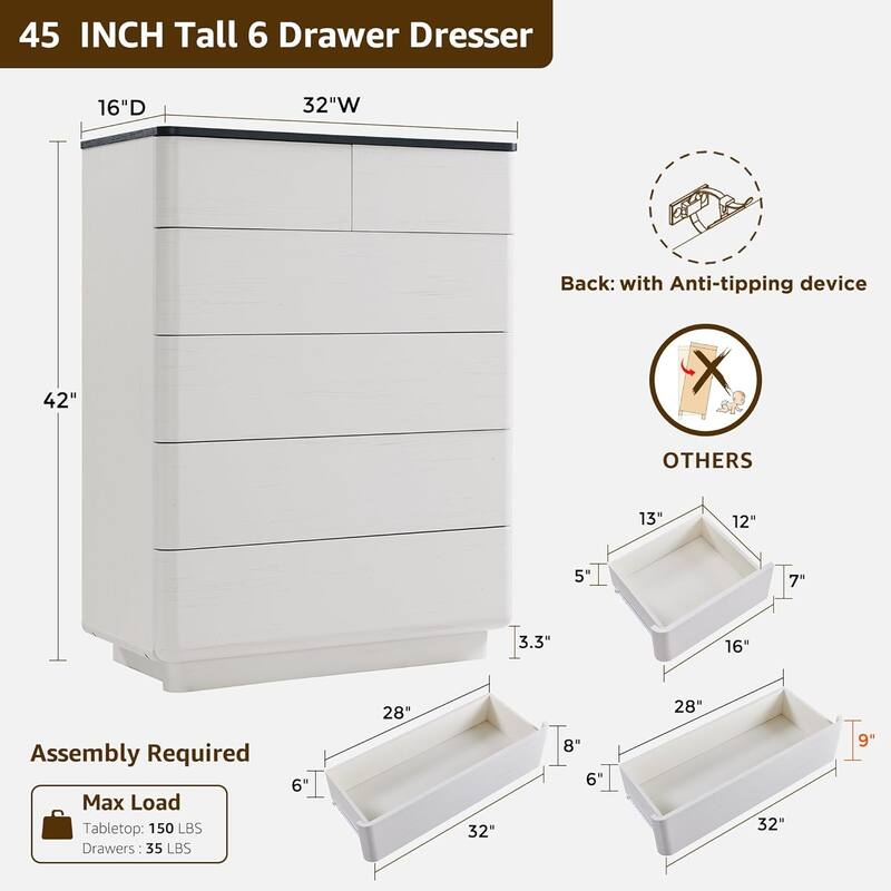 Modern 6 Drawer Dresser for Bedroom, Handle-less Wooden Dressers
