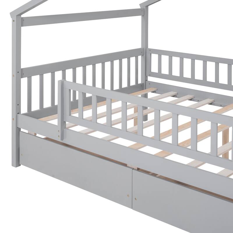 Full Size House-Shaped Wooden Bed with Two Drawers, Gray