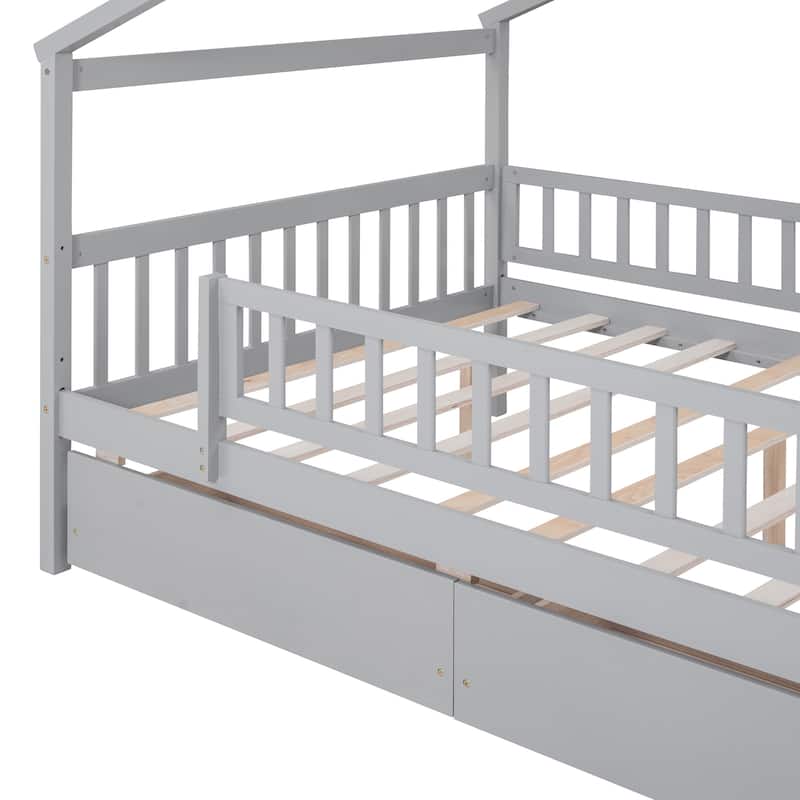 Wooden Full Size Creativity House Bed with 2 Storage Drawers, Solid Pinewood Daybed Frame with Roof Design, Wood Slats Support