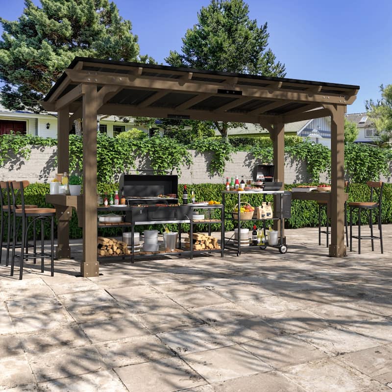 VEIKOUS Wood BBQ Grill Gazebo with Steel Roof for Patio Garden Backyard and Lawn