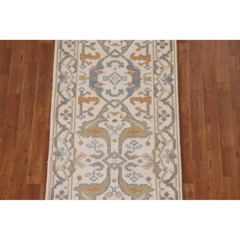 Beige Floral Oushak Runner Rug Hand-knotted Wool Carpet - 2'6"x 9'10"
