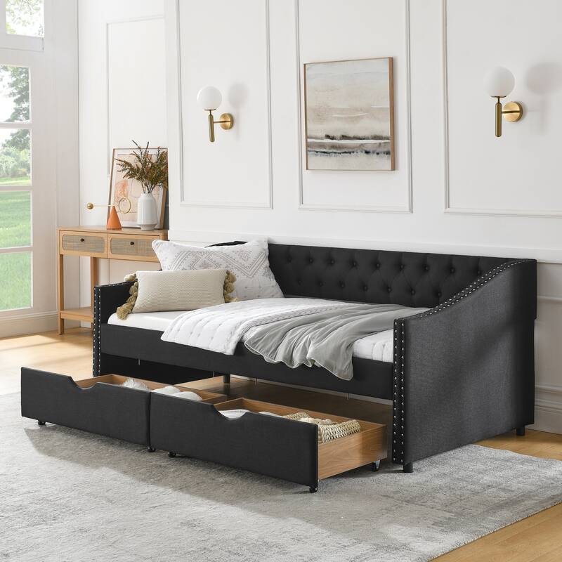 Roomfitters Twin/Full/Queen Upholstered Daybed with Tufted Backrest, Nailhead Trim and Underbed Storage Trundle
