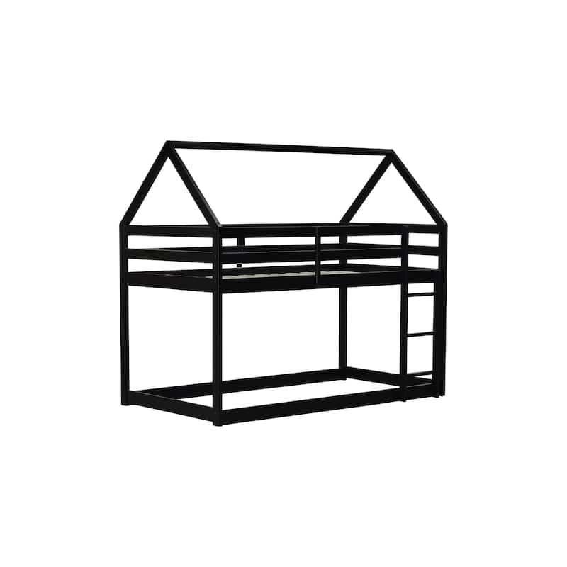 Twin over Twin Rubber Wood Floor Bunk Bed, with ladder,Guardrails,House-Shaped-Bunk Bed
