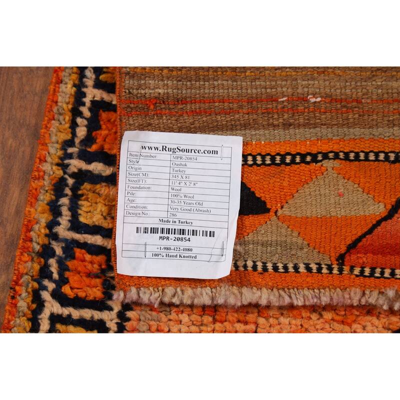 Orange / Geometric Oushak Vintage Runner Rug Handmade Wool Carpet - 2'8"x 11'4"