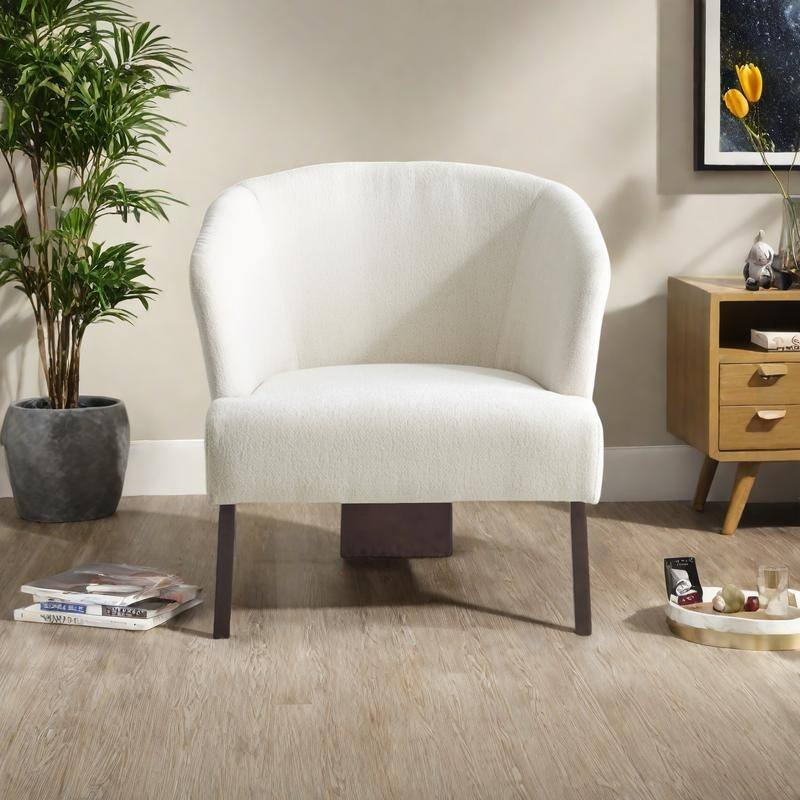 Polyester Mid-Century Accent Chair with Round Back, Wooden Legs and 300lb Weight Capacity - Beige