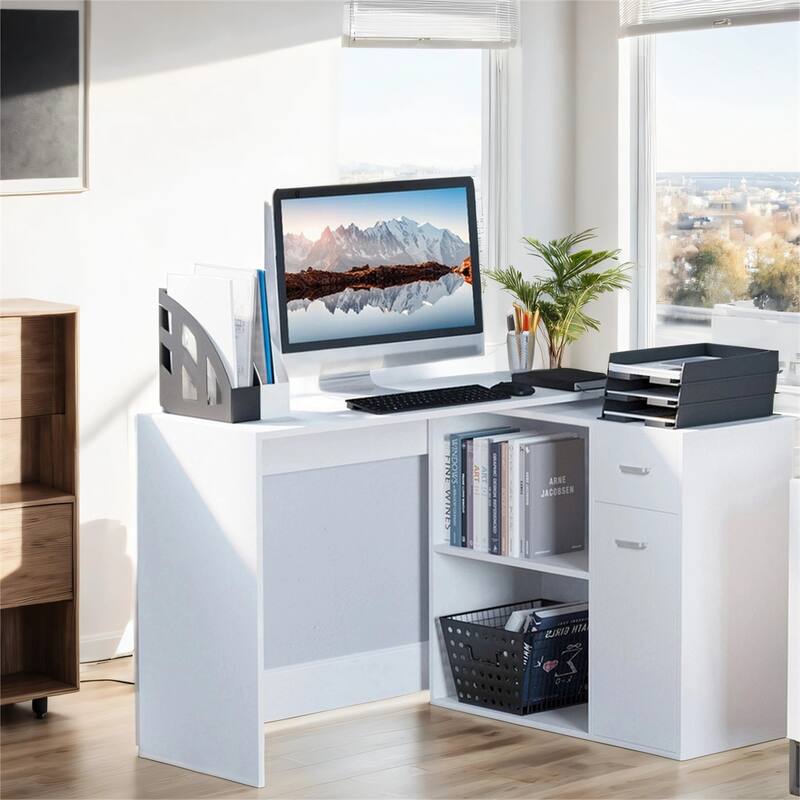 L Shaped 180°Rotating Corner Desk with Shelves and Cabinet