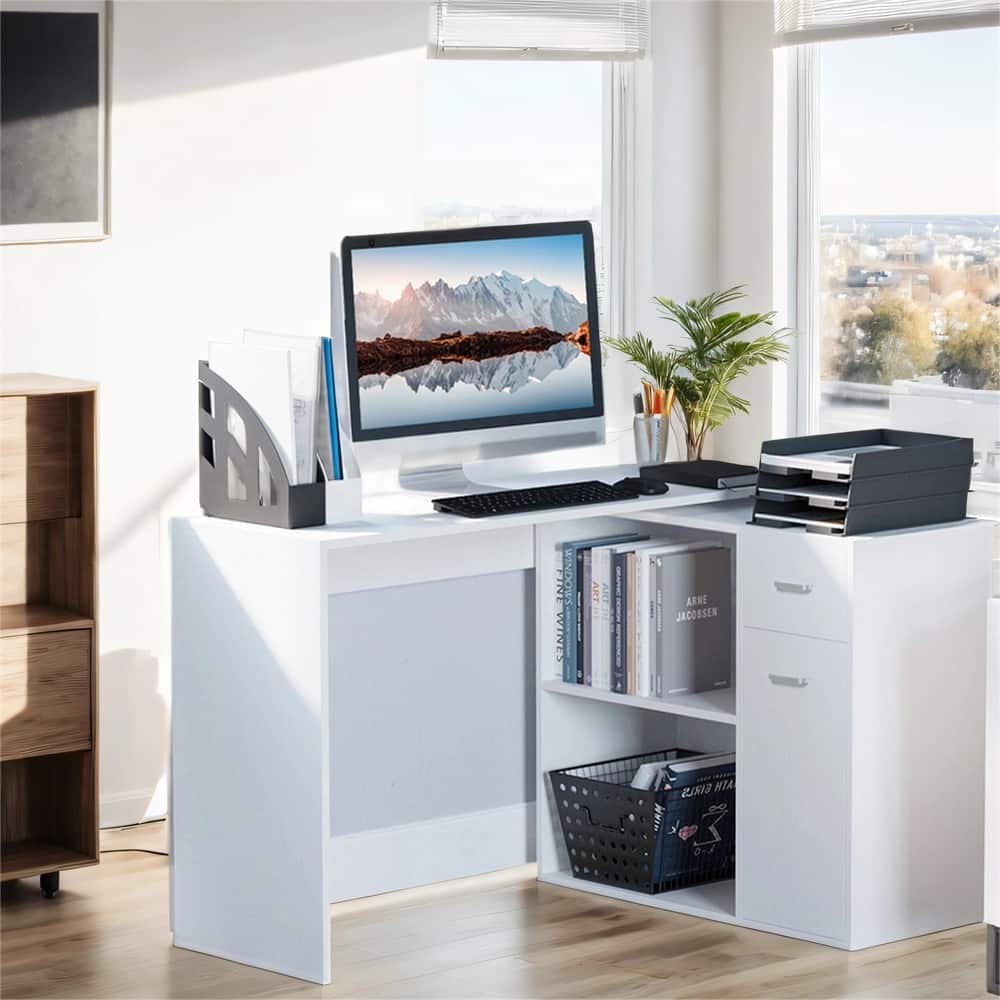 L Shaped 180°Rotating Corner Desk with Shelves and Cabinet