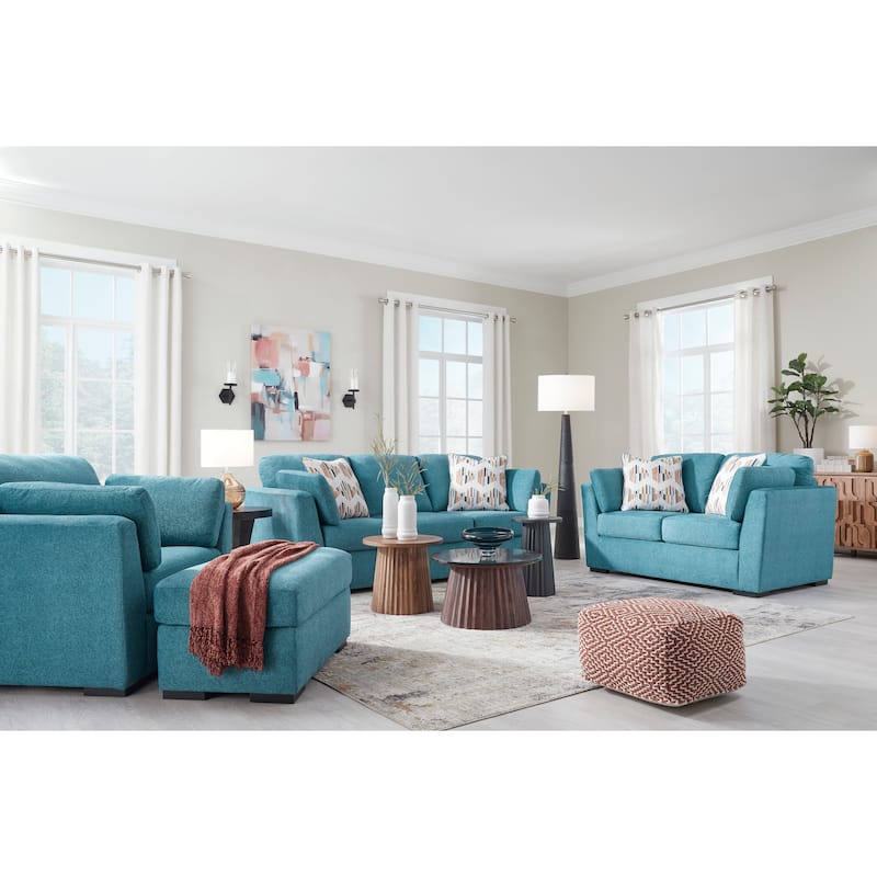 Roundhill Furniture Clareen 4-Piece Living Room Set, Sofa Loveseat Cutler Chair and Ottoman - Blue