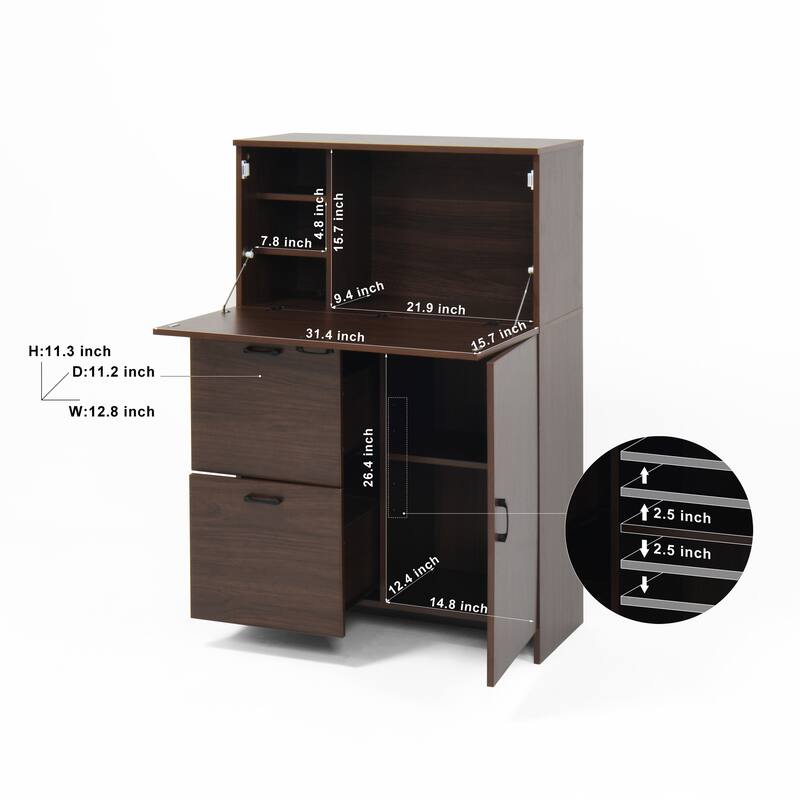 Foldable Desk Cabinet with Storage Drawer & Shelves, Space-Saving Wall Storage Cabinet Buffet Cabinet