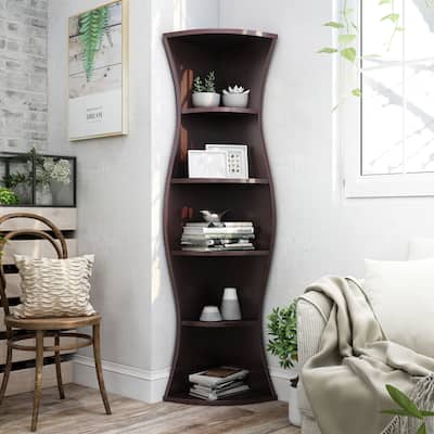 Porch & Den Stonebridge Hill Curvy Walnut Wood Corner Bookcase