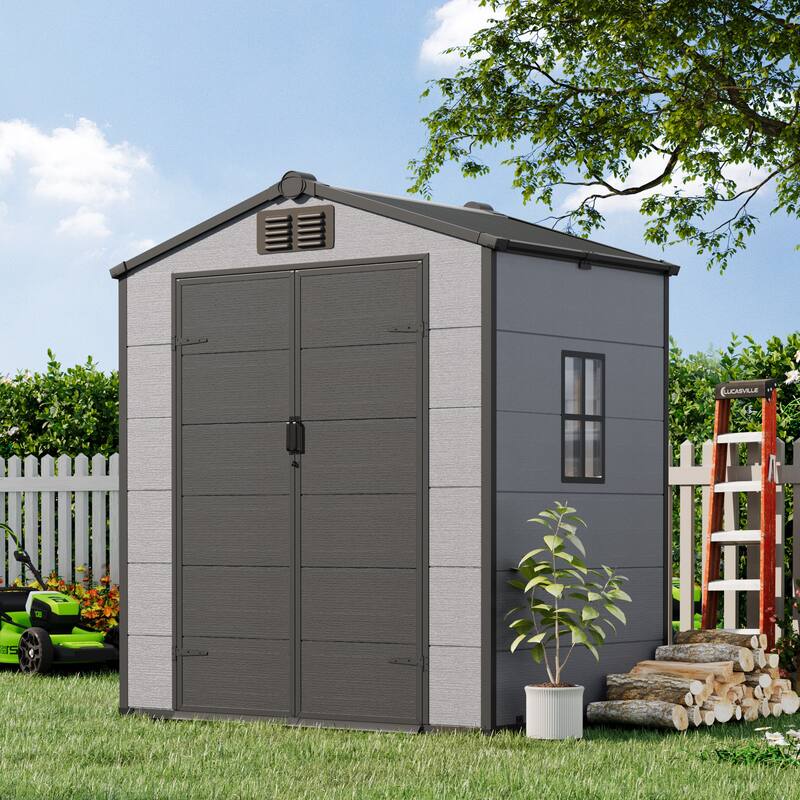 EROMMY Outdoor Storage Shed with Built-In Floor, Lockable Double Doors & Sloped Roof, Gray/Black