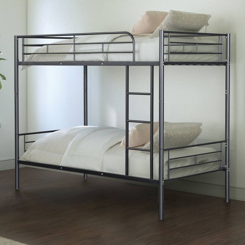 Contemporary Style Twin Over Twin Bunk Bed Footboard Ladder Metal Structure, Black - Black