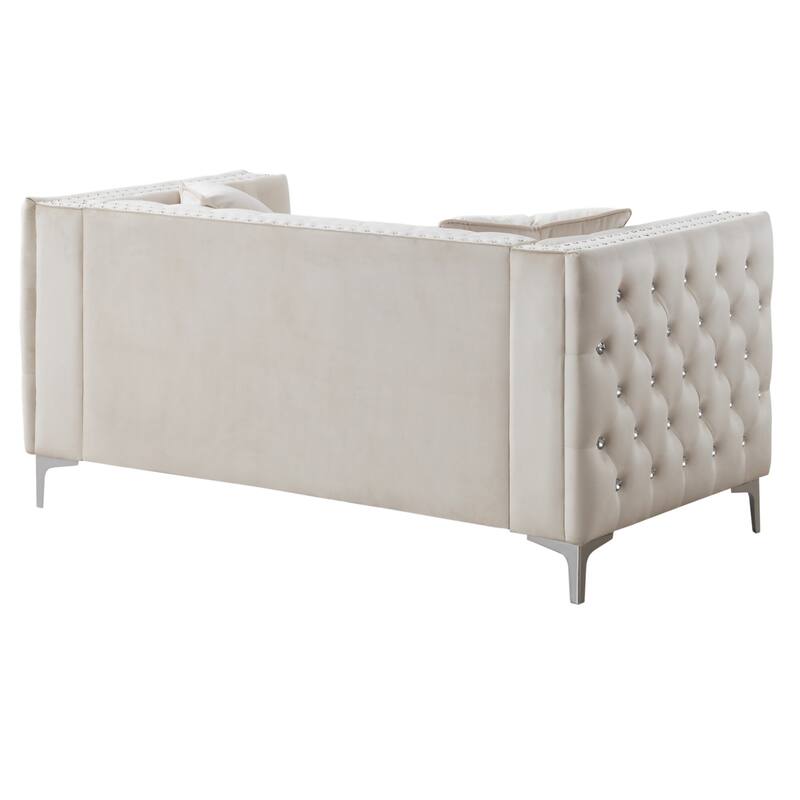 Tufted Diamond Button Velvet Loveseat with Throw Pillows - 63" - White