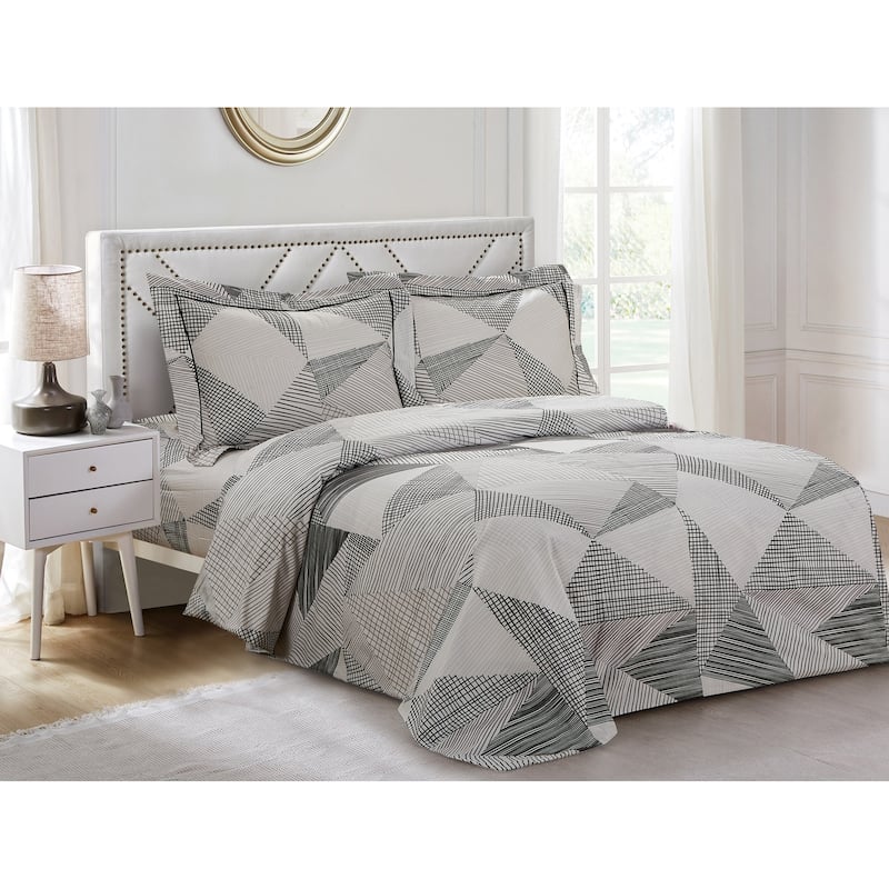 Violet Linen French Hexagons Geometric Triangles Pattern, 200 Thread Count Cotton Percale, Grey, 6 Piece Bedding Duvet Cover Set - Twin - Twin XL