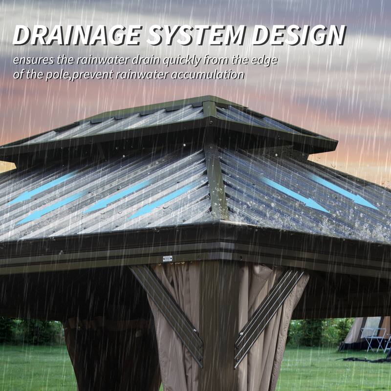 10' x 12' Hardtop Gazebo with Drainage System, Galvanized Steel Roof, Curtains, and Netting for Outdoor Use