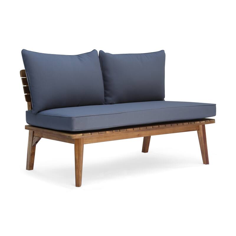 Roomfitters Outdoor Loveseat with Acacia Wood Frame and Navy Cushions, Patio 2-Seat Sofa, Grey