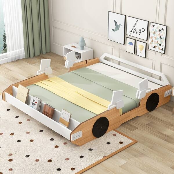 slide 2 of 8, Natural Full Size Racing Car Platform Bed with Adjustable Gear Full - Natural