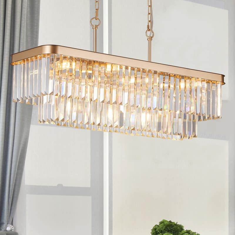Adjustable Rectangular Crystal Chandelier - E12 Modern Industrial Farmhouse Ceiling Light with Iron Frame (Bulbs Not Included)