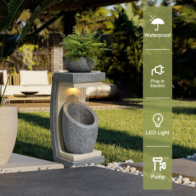 Gray Resin Column and Bowl Sculpture Outdoor Fountain with Lights
