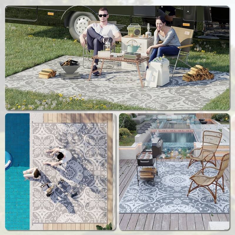 Reversible Outdoor Rug Gray White Floral Waterproof Foldable Camping RV Patio Picnic Mat - 107.75" W x 143.75" L