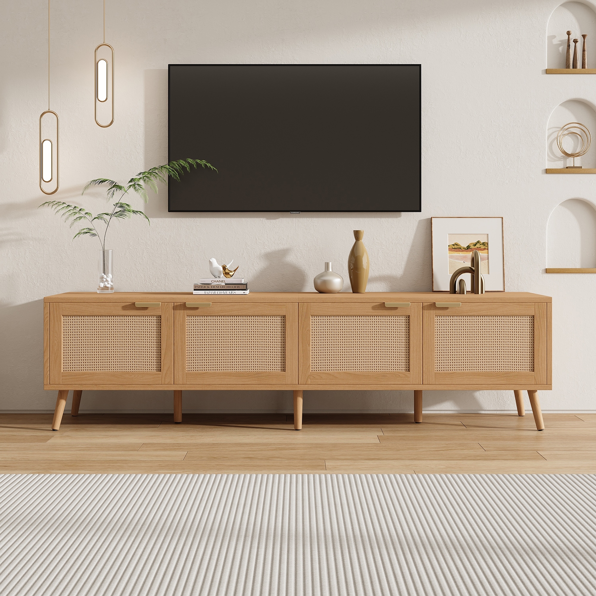 Natural Wood TV Stand Media Console Cabinet with Rattan Doors, Simple Entertainment Center with Cable Holes