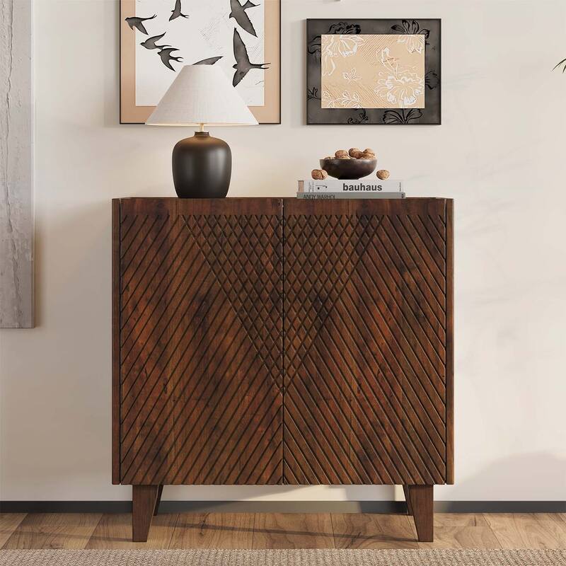 Wood Accent Cabinet with Adjustable Storage,Featuring Fluted Design and Space - Saving Function
