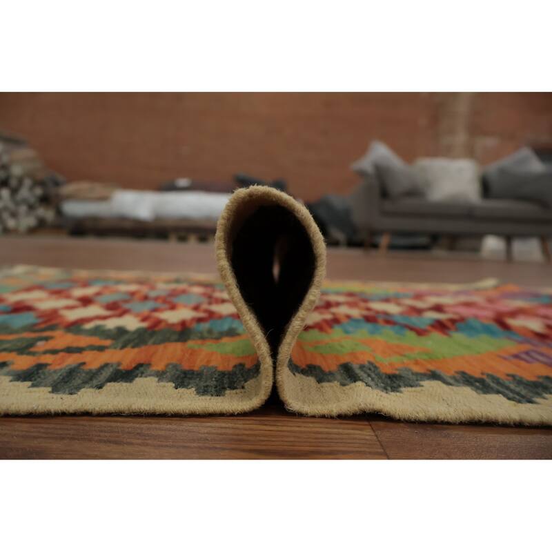 Hand Woven Oriental 100% Wool Carpet Southwestern Geometric Oranges & Rust Kilim Runner Rug - 6' 6'' X 2' 3''