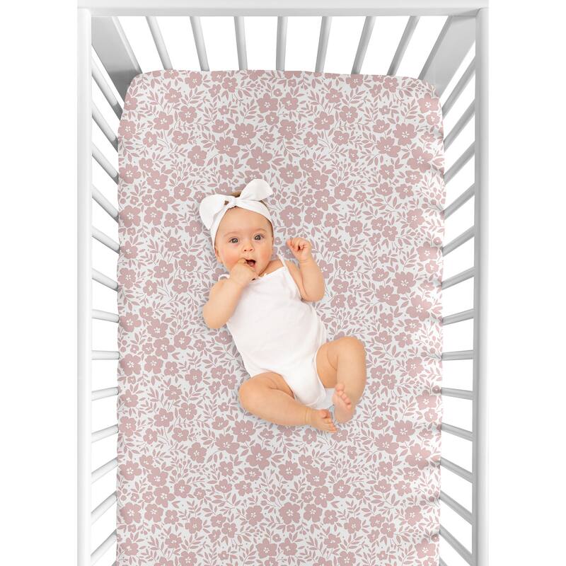 Sweet Jojo Designs Pink Ditsy Floral Girl Fitted Crib Sheet Princess Shabby Chic Abstract Rose White Mauve Flower Farmhouse