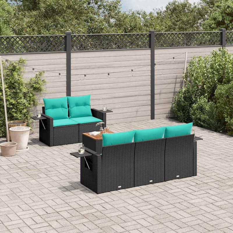 vidaXL 6 Piece Patio Sofa Set with Cushions Black Poly Rattan - 21.7" x 24.4" x 27.2" - Black and blue