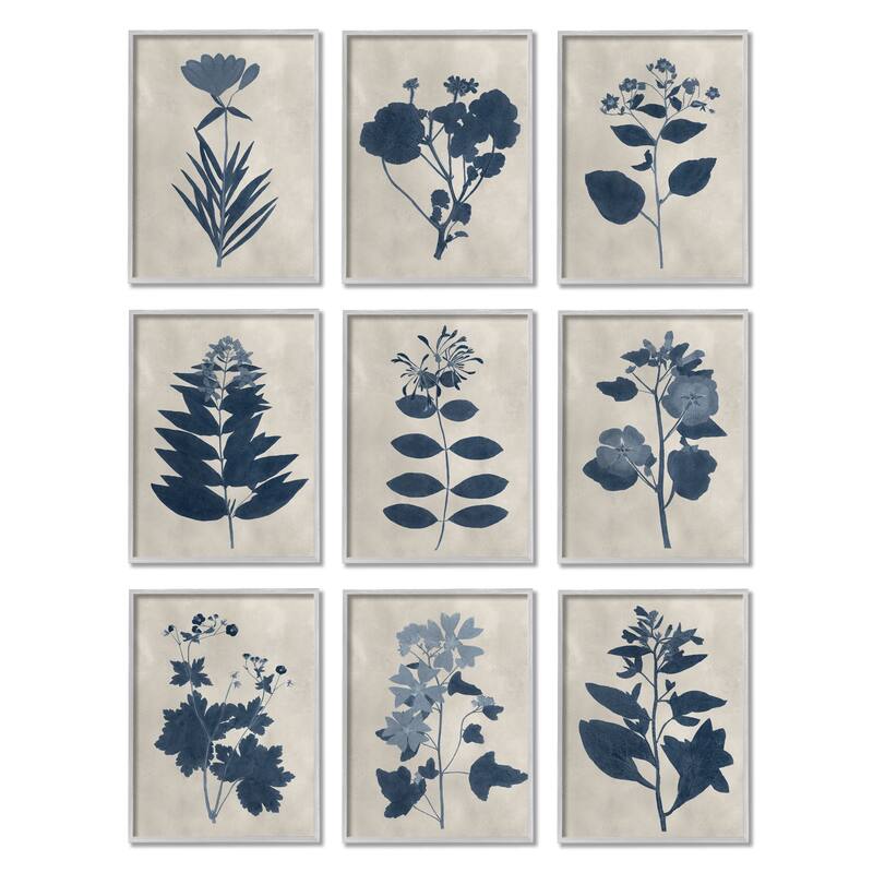 Stupell Beautiful Botanical Silhouette Floral Plants Design Framed 9 piece Wall Art - Blue