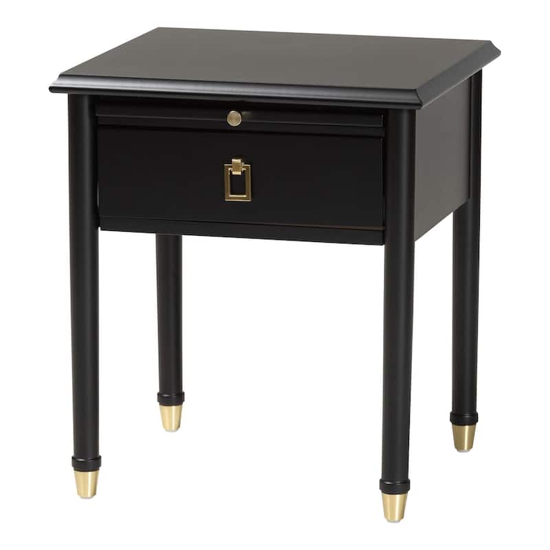 Tamra Black Wood Nightstand with Pullout Shelf - Modern Transitional Bedside Table with Metallic Accents - Black