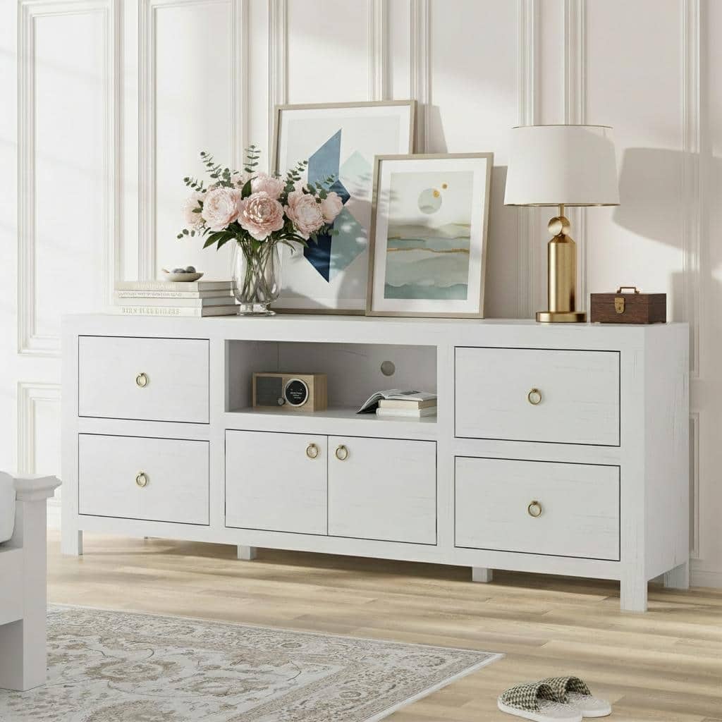 Farmhouse TV Stand, with 6 Storage Drawers & Soundbar Shelf