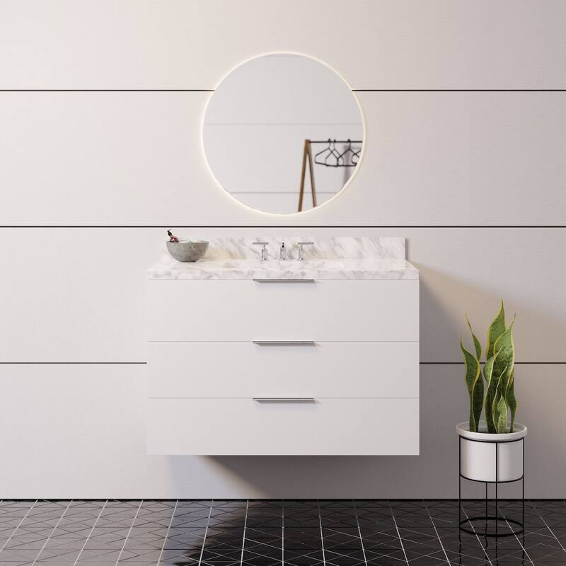 KitchenBathCollection Oslo 36" Floating Wall-Mounted Bathroom Vanity with Carrara Marble Top - White